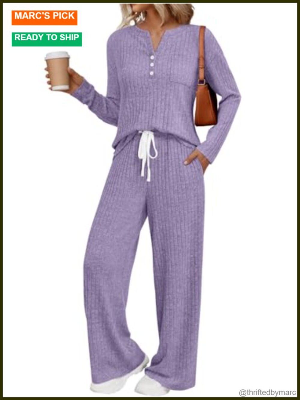 2 Piece Lounge Set Long Sleeve Henley Top Wide Leg Pants with Pockets